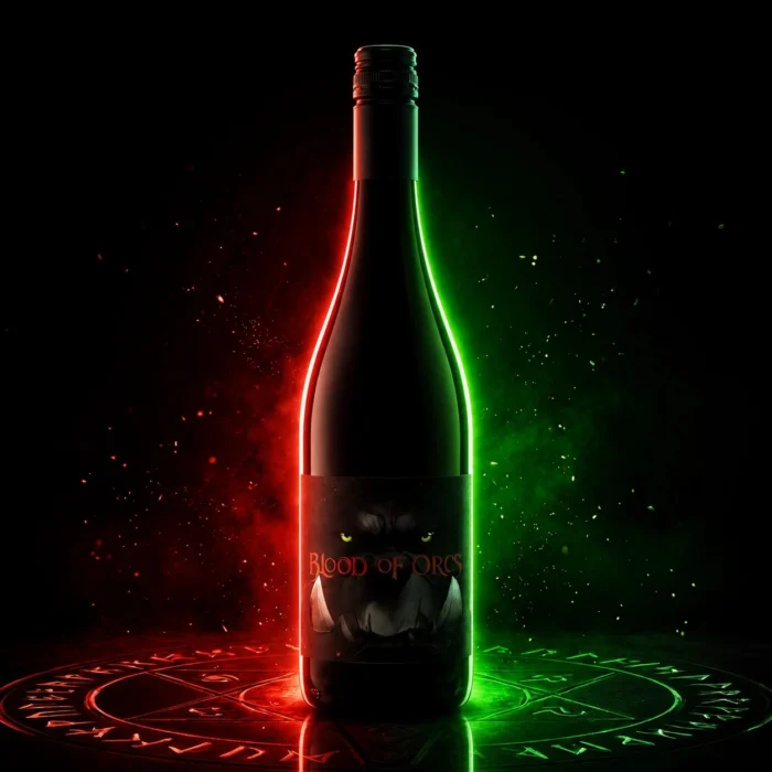 The Blood of Orcs bottle lit red on one side and green on the other, standing on a glowing runic circle, its label showing an orc’s yellow eyes and tusks.