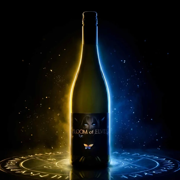 The Bloom of Elves bottle lit gold on one side and blue on the other, standing on a glowing runic circle, its label showing an elf’s pale eyes and butterflies.