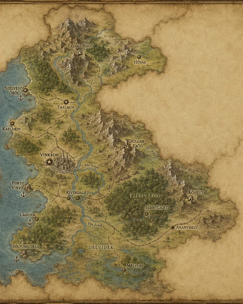 Aged parchment map of Vinperia showing the Vin river, forests, mountains, the capital Vinkron and coastal harbour towns